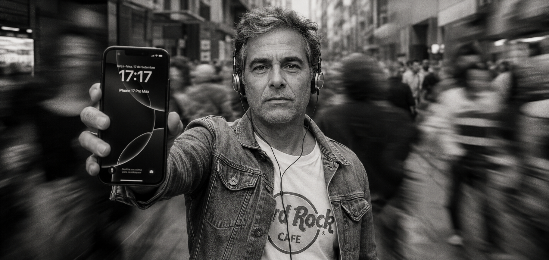 Man in an urban crowd holding a smartphone with its screen visible; wired earphones; black and white scene.