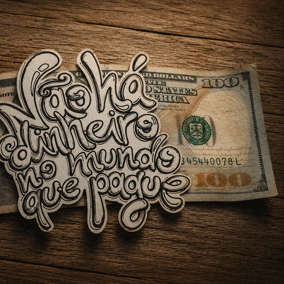 Finished paper-cutout lettering, overlaid on a hundred-dollar bill on a wood surface.