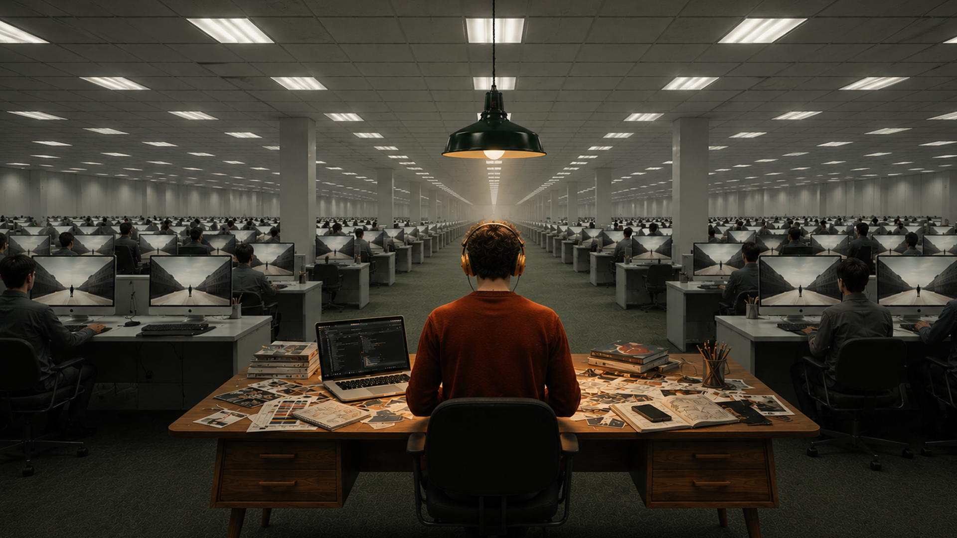 A single operator under warm light works at a desk full of physical references, surrounded by rows of identical gray cubicles with uniformed workers.